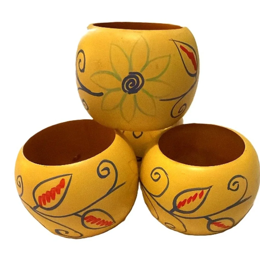 Wood Napkin Rings Set of 4 Yellow Hand Painted Floral Cottage Farmhouse